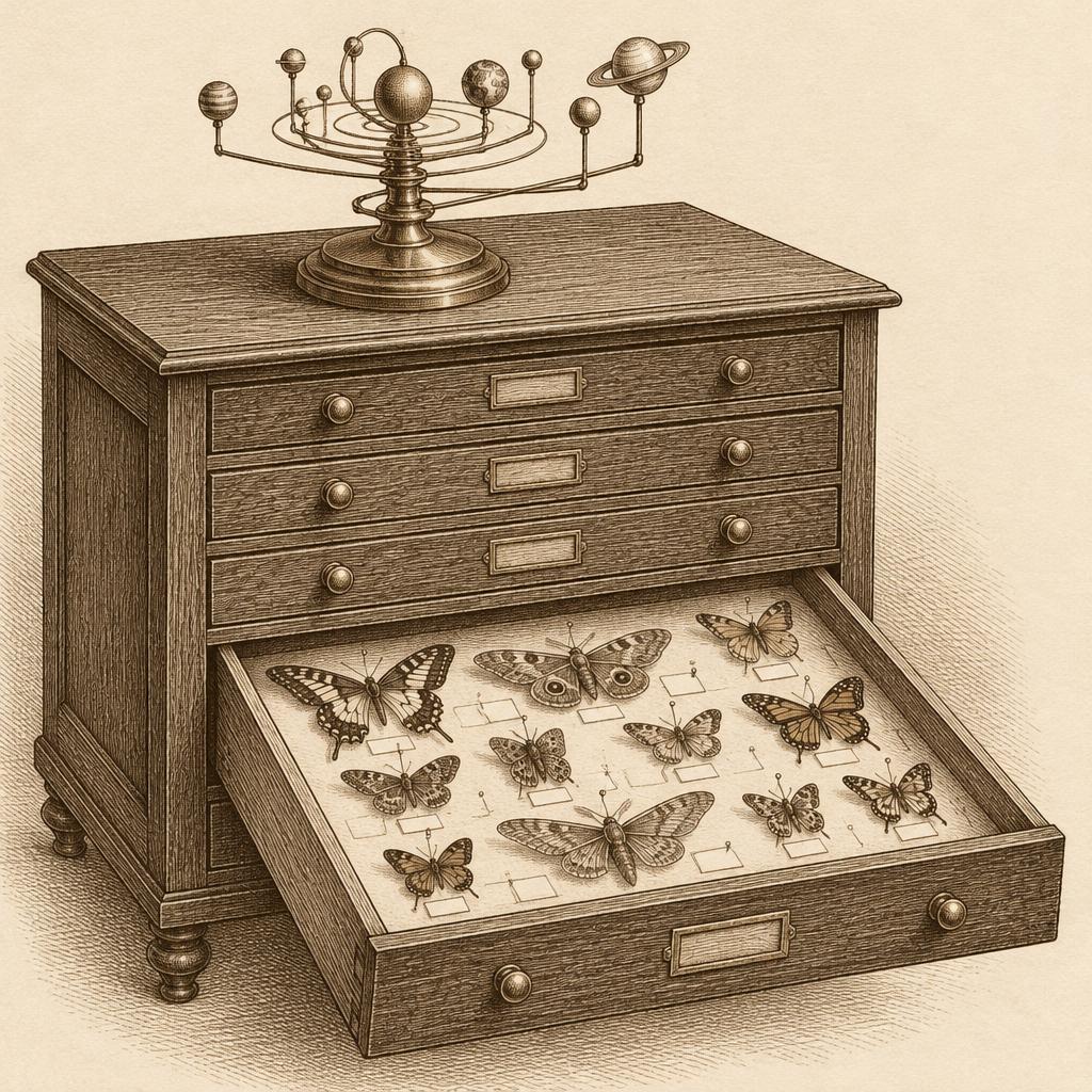 Engraved sepia drawing of a wooden specimen cabinet with one drawer open, showing pinned butterflies and moths with small blank labels, and a small orrery on top.
