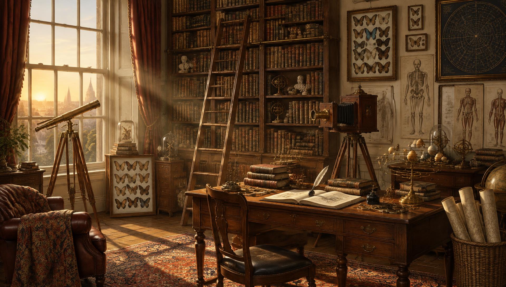 A painterly scientist's study at golden hour: sunlight through a tall sash window falls across a brass telescope, a mahogany desk with an open journal and quill, a library ladder against leather-bound books, butterfly cases and anatomy plates.